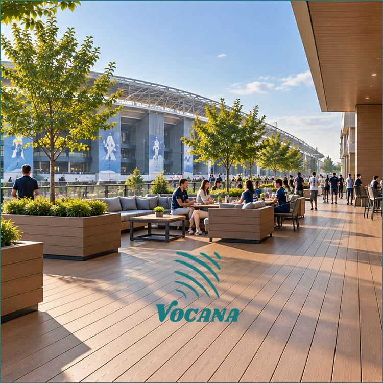 WPC decking used on a stadium fan terrace and outdoor hospitality area